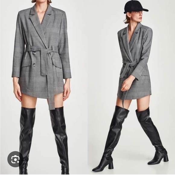 NWT Zara Grey Checked Blazer Style Jumpsuit with Belt Size Small - Picture 3 of 8
